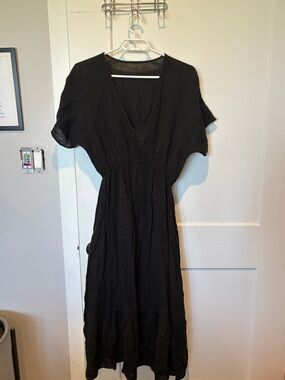 Women's Black V-Neck Short Sleeve Maxi Dress with Elastic Waist